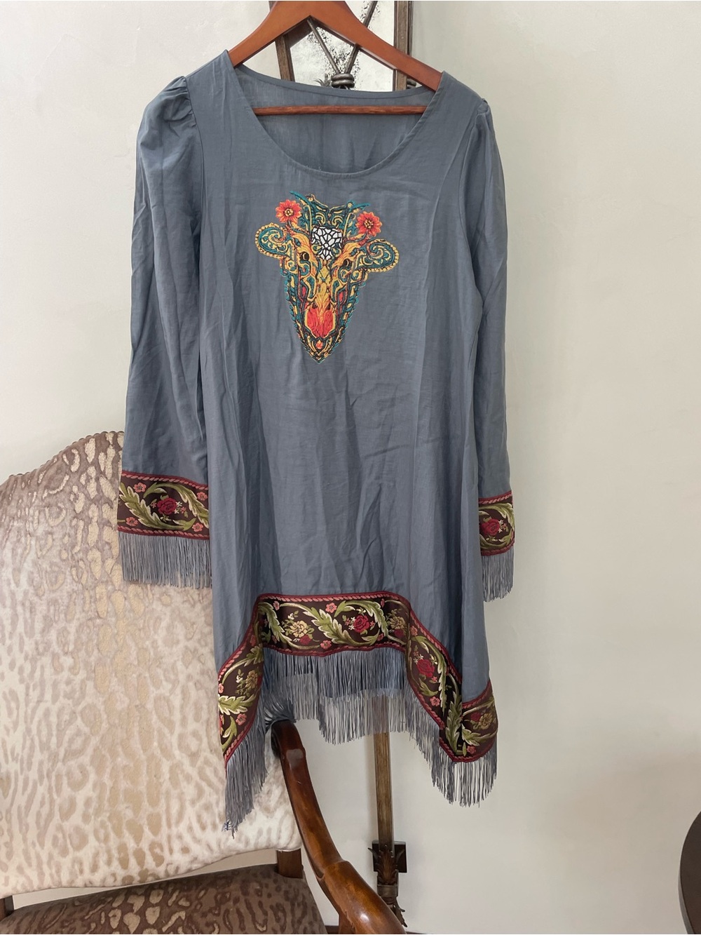 Embroidered Slate Blue Long-Sleeve Fringe Dress